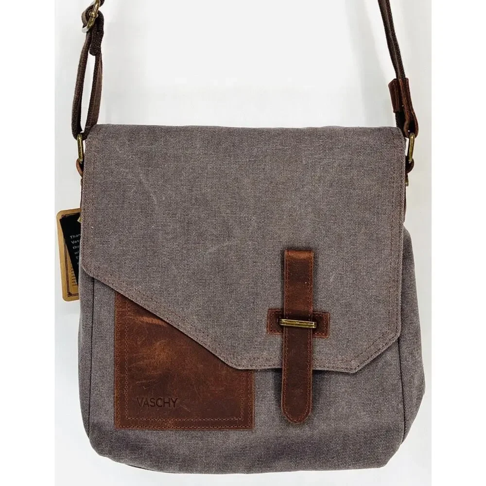NWT VASCHY Canvas Leather Messenger Bag Gray Vintage Crossbody